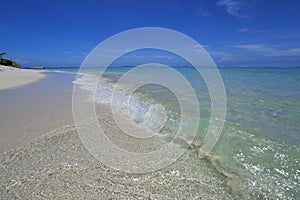 Amazing tropical landscape view. White sand beach , turquoise water and blue sky with white clouds. Horizon line. Maldives,