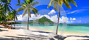 Amazing tropical scenery of beautiful beach and mountain view. Flic en Flac, Mauritius island