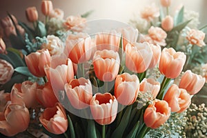 Amazing tulip flowers blooming in tulip field, against background blurry tulip flowers in sunset