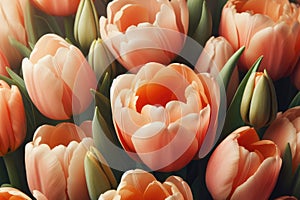 Amazing tulip flowers blooming in tulip field, against background blurry tulip flowers in sunset