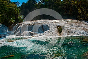 Amazing Turquoise-blue water of the waterfall Agua Azul in Chiapas, Palenque, Mexico.