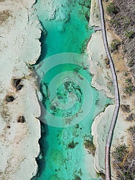 Amazing turquoise color of water in the Lagoon of Seven Colors Bacalar, drone shoot, Mexico