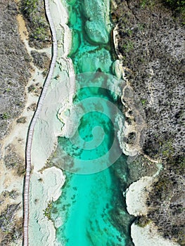 Amazing turquoise color of water in the Lagoon of Seven Colors Bacalar, drone shoot, Mexico