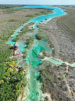 Amazing turquoise color of water in the Lagoon of Seven Colors Bacalar, drone shoot, Mexico