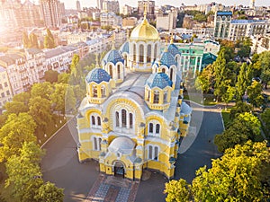 Amazing Ukraine Kyiv Kiev beautiful church. St Volodymyr`s Cathedral. Top vie from drone aerial photo. Famouse tourist