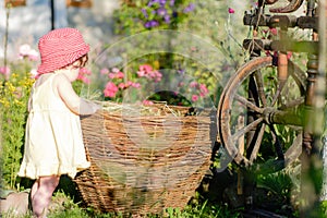 A cute little girl sits on a hay in a basket in the garden