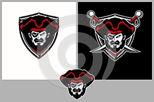 Amazing and unique angry pirate cartoon head with shield vector badge template