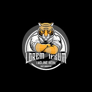 Amazing and unique tiger cartoon martial arts athletes round emblem logo vector template