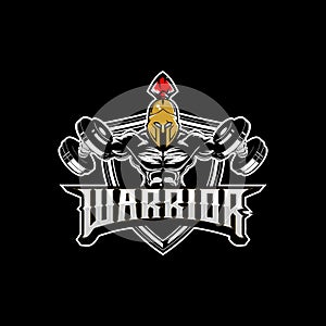 Amazing and unique warrior spartan bodybuilding with dumbbell vector badge logo template