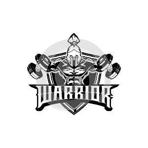 Amazing and unique warrior spartan bodybuilding with dumbbell vector badge logo template