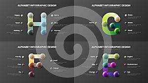 Amazing vector alphabet E, F, G, H infographic 3D realistic colorful balls presentation bundle.