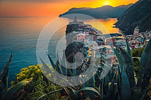 Amazing Vernazza village on the cliffs at sunset, Liguria, Italy