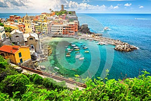 Amazing Vernazza village and stunning sunrise, Cinque Terre, Italy, Europe