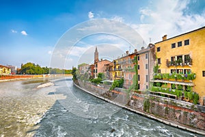 Amazing Verona cityscape view on the riverside with historical buildings ,bridges and tower