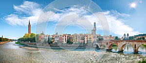 Amazing Verona cityscape view on the riverside with historical buildings and towers