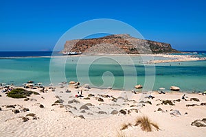 Amazing view of Balos beach and lagoon, magical turquoise waters, lagoons, tropical beaches of pure white sand on Crete, Greece