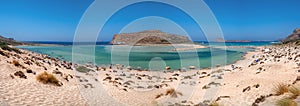 Amazing view of Balos beach and lagoon, magical turquoise waters, lagoons, tropical beaches of pure white sand on Crete, Greece