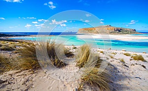 Amazing view of Balos Lagoon with magical turquoise waters, lagoons, tropical beaches of pure white sand and Gramvousa island.