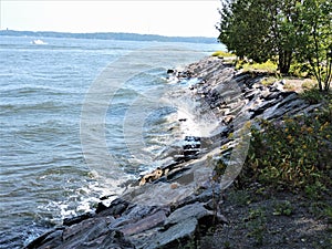 Amazing view of Baltic sea with  waves on the coast, island Sveaborg, Finland