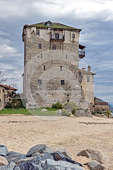 Amazing view of Beach and Medieval tower in Ouranopoli, Athos, Chalkidiki, Greece