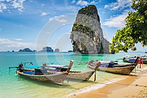 Amazing view of beautiful beach with longtale boats. Location: R