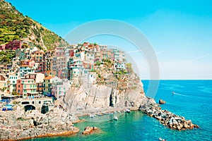 Amazing view of the beautiful village of Manarola in the Cinque Terre Reserve.