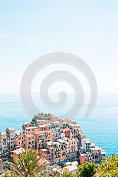 Amazing view of the beautiful village of Manarola in the Cinque Terre Reserve.