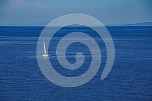 Amazing view from boat over clear sea water lagoon. Luxury travel, tropical blue turquoise Mediterranean panoramic