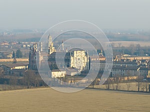 Amazing view of Certosa di Pavia at winter sunny day