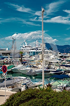 Amazing view of the city of Cannes, France, palm trees, yachts