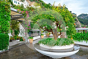 Amazing view of the colorful garden on terrace of hotel, Amalfi coast