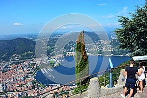 Amazing view of Como Lake from Brunate, with tree in the middle, Como lake and the city