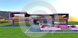 Amazing view of the contemporary suburban dwelling with pool in the courtyard. Stunning mountains landscape. 3d rendering
