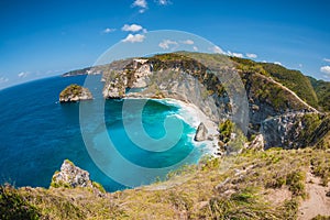 Amazing view of Diamond beach with coconut palms and rocks in Nusa Penida