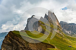 Amazing view Dolomites mountains from Seceda over Odle Puez