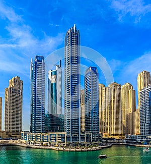 Amazing view of Dubai Marina Waterfront Skyscraper, Residential and Business Skyline in Dubai Marina, United Arab Emirates