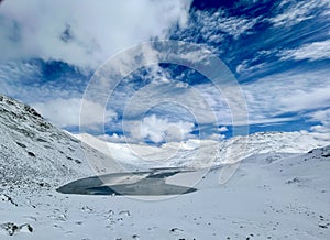 Amazing view of Duchessa lake and Morrone mount in the Lazio region during winter season