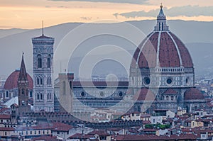 Amazing view of Duomo Cathedral of Santa Maria del Fiore from Campanile di Giotto bell tower in Florence Italy