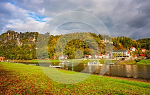 Amazing view of Elbe riversides in Elbe Sandstone mountains, resort Rathen, Saxon Switzerland, Germany at autumn day