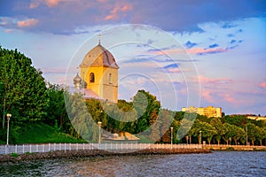 Amazing view of Exaltation of Cross Church over the Ternopil pond, Ternopil, Ukraine