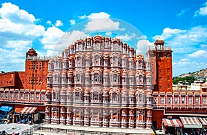 Amazing view of famous Rajasthan landmark - Hawa Mahal palace Palace of the Winds, Jaipur, Rajasthan, India. Artistic picture.