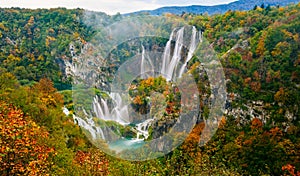 Amazing view of the famous waterfalls in Plitvice National Park, Croatia UNESCO