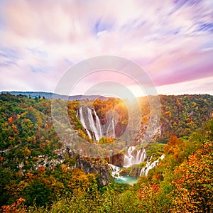 Amazing view of the famous waterfalls in Plitvice National Park, Croatia UNESCO