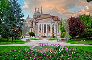 Amazing view of Freedom square with flowerbed, Michael chapel and St. Elisabeth cathedral in Kosice, Slovakia