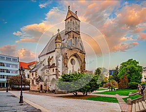 Amazing view of Freedom square and historical St. Michael chapel in center of Kosice, Slovakia