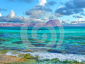 Amazing view of the Gramvousa Island from the Balos beach - Tropic paradise, crystal clear turquoise water