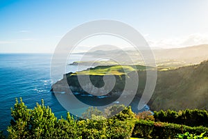 Amazing view of a green cliff near the sea in the Azores archipelago, Portugal