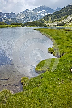 Amazing view of green meadows around Muratovo lake, Pirin Mountain