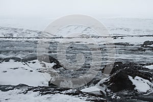 Amazing view of Iceland landscape on white cloudy sky background