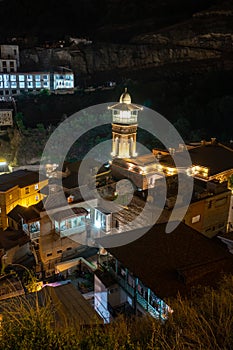 Amazing View of Jumah Mosque, Sulphur Baths and famous colorful balconies in old historic district Abanotubani at night. Tbilisi, photo